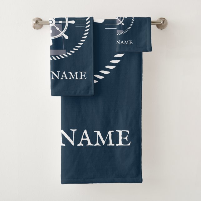 Nautische Schiffsname Navy Blue Personalisiert Badhandtuch Set (Insitu)