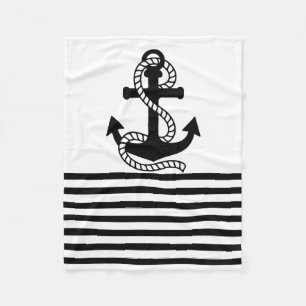 Nautische Schwarz-weiße Streifen und schwarzer Ank Fleecedecke