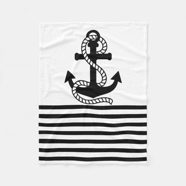 Nautische Schwarz-weiße Streifen und schwarzer Ank Fleecedecke (Vorderseite)