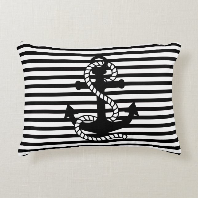 Nautische Schwarz-weiße Streifen und schwarzer Ank Zierkissen (Vorderseite)