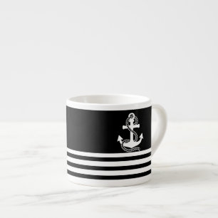 Nautische schwarze weiße Streifen und weißer Anker Espressotasse