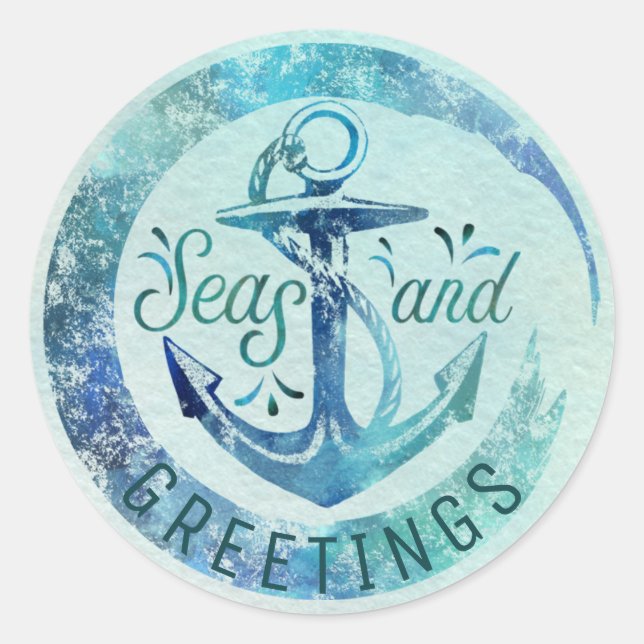 Nautische "SEAsons Grüße", Wasserfarbenwelle Runder Aufkleber (Vorderseite)