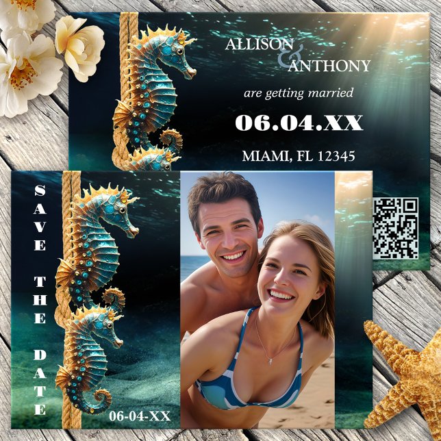 Nautische Seepferde OzeanFoto Save the Date Ankündigung (Save the Date card featuring your photo on an underwater scene with seahorses tying the knot - QR)