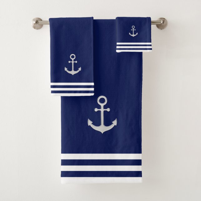 Nautische Silber-Anker und Streifen auf Navy Blue Badhandtuch Set (Insitu)