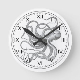 Nautische Steampunk-Oktopus-Vintage-Kraken-Zeichnu Runde Wanduhr