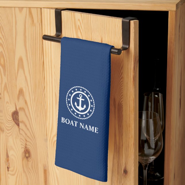 Nautische Sterne Boat Name Anchor Navy Blue Geschirrtuch (Drittel gefaltet)