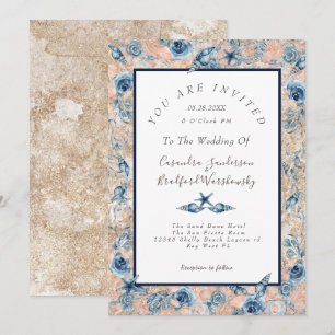 Nautische Strandhochzeit Meeresmuscheln Blumen Ros Einladung
