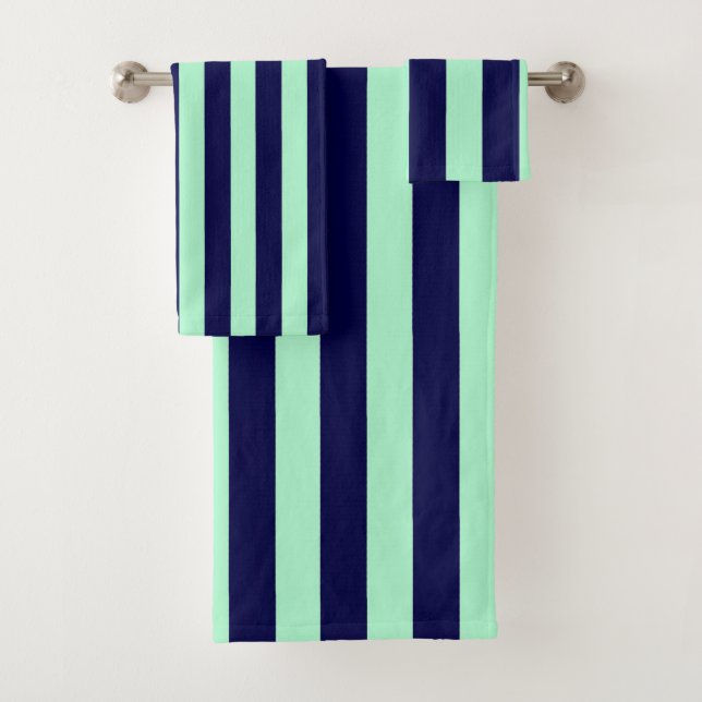 Nautische Streifen Navy Blue und Minze Green Badhandtuch Set (Insitu)