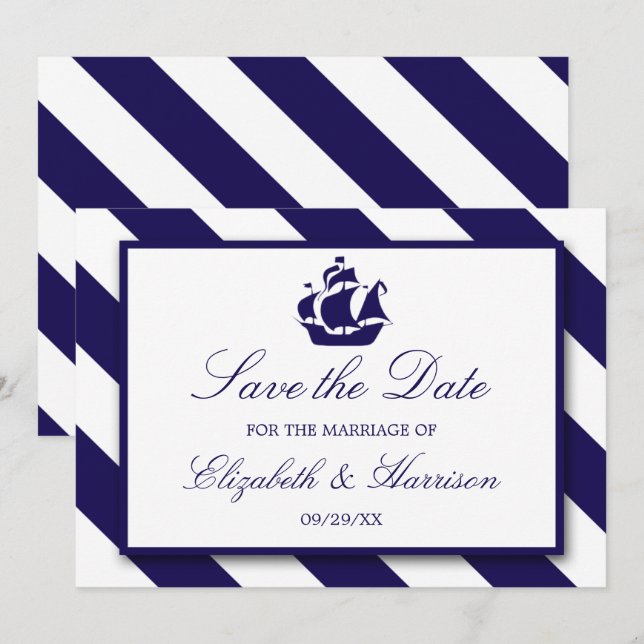 Nautische Streifen und blaues Schiff der Marine Sa Save The Date (Vorne/Hinten)