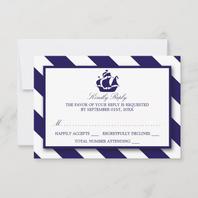 Nautische Streifen und blaues Schiff Hochzeit RSVP (Vorderseite)