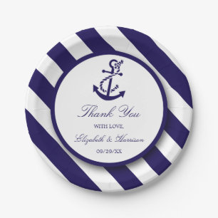 Nautische Streifen und Hochzeit des Navy Blue Anch Pappteller