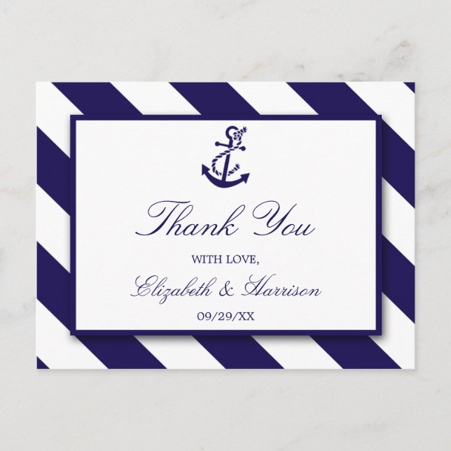 Nautische Streifen und Hochzeit des Navy Blue Anch Postkarte (Vorderseite)