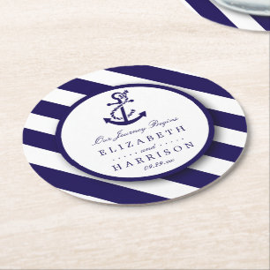 Nautische Streifen und Hochzeit des Navy Blue Anch Runder Pappuntersetzer