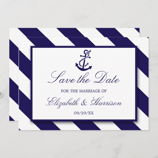 Nautische Streifen und Hochzeit des Navy Blue Anch Save The Date (Vorne/Hinten)