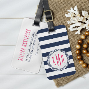 Nautische Streifen und rosa Monogramm Gepäckanhänger