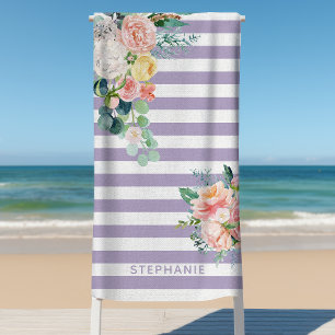 Nautische Streifen Wasserfarbenfloral Lilac Name Strandtuch