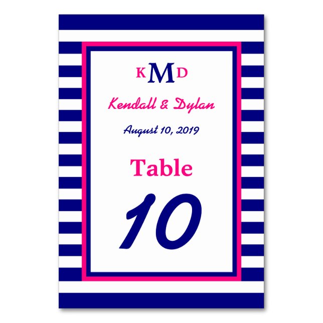 Nautische Tischnummer Card Navy und Pink (Vorderseite)