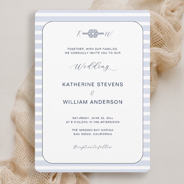 Nautische Unendlichkeit - Knuligrafie-Küstenhochze Einladung (beach wedding invitation nautical coastal blue stripes elegant modern infinity knot monograms modern)