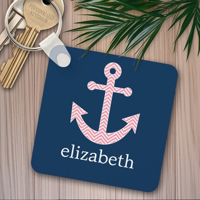 Nautische Verankerung mit Zickzack Navy-Pink-Muste Schlüsselanhänger (Personalized keychain - add name)