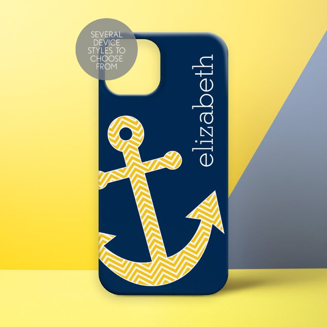 Nautische Verankerung mit Zickzack Navy-Yellow-Mus Case-Mate iPhone Hülle (Personalized Phone Case - Nautical Anchor)