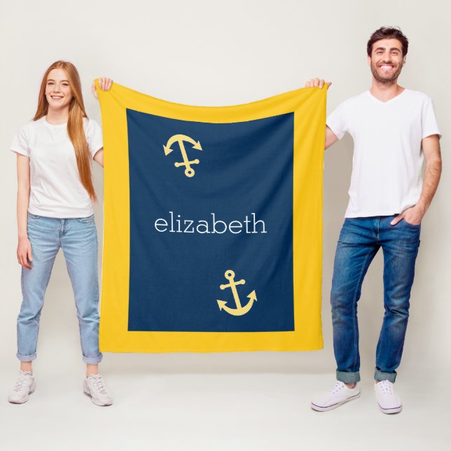 Nautische Verankerung mit Zickzack Navy-Yellow-Mus Fleecedecke (Beispiel)