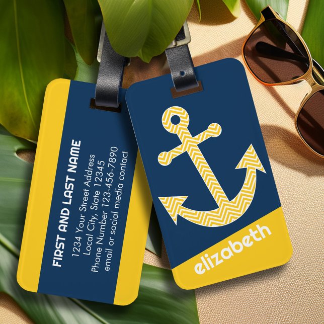 Nautische Verankerung mit Zickzack Navy-Yellow-Mus Gepäckanhänger (Personalized Luggage Tag)