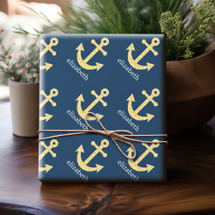 Nautische Verankerung mit Zickzack Navy-Yellow-Mus Geschenkpapier