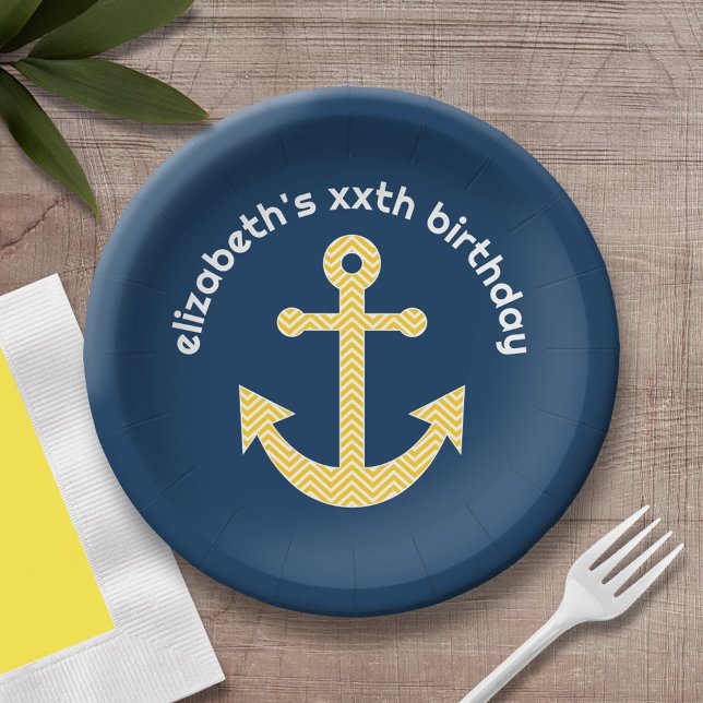 Nautische Verankerung mit Zickzack Navy-Yellow-Mus Pappteller (Personalized birthday party plate with area for name)