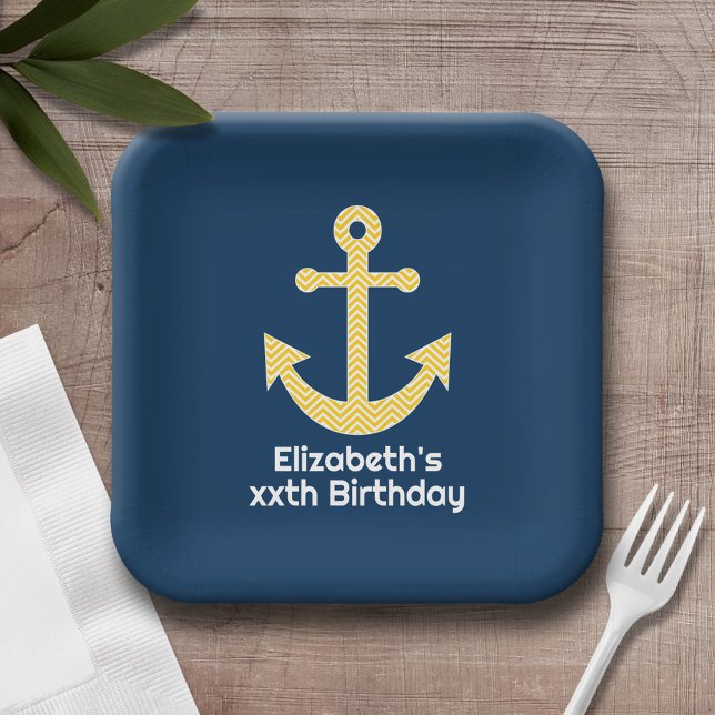 Nautische Verankerung mit Zickzack Navy-Yellow-Mus Pappteller (Personalized party plates with an anchor and birthday text)