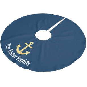 Nautische Verankerung mit Zickzack Navy-Yellow-Mus Polyester Weihnachtsbaumdecke