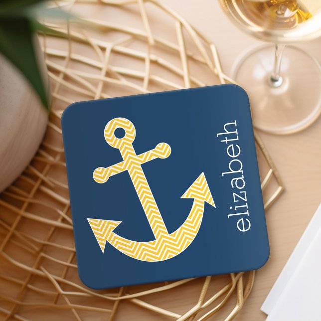 Nautische Verankerung mit Zickzack Navy-Yellow-Mus Rechteckiger Pappuntersetzer (Personalized Coaster with a nautical anchor)