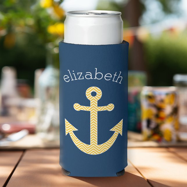 Nautische Verankerung mit Zickzack Navy-Yellow-Mus Selters Dosenkühler (Personalized can coolers - add your photos and text)