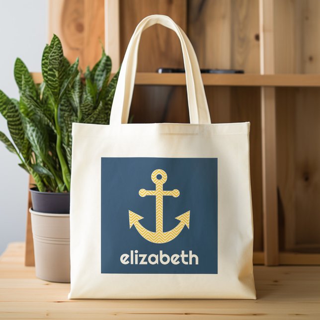 Nautische Verankerung mit Zickzack Navy-Yellow-Mus Tragetasche (Personalized tote bag - cute anchor with name)