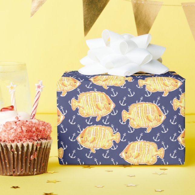 Nautische Verankerung und tropisches Fischmuster Geschenkpapier (Geburtstagsparty)