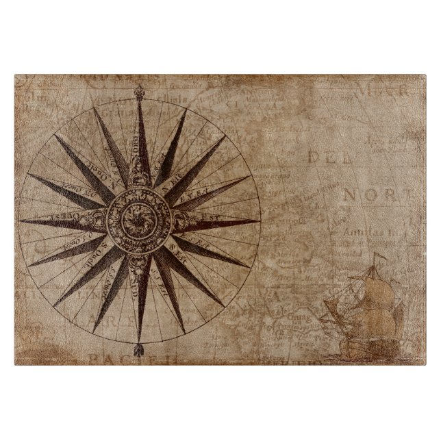 Nautische Vintage antike Kartenglaszuführung Schneidebrett (Vorderseite)