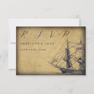 Nautische Vintage-Karte Schiff Illustration Hochze RSVP Karte