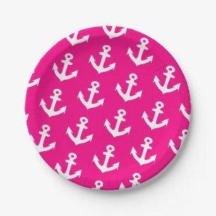 Nautische Vintage Referenzzeichen auf Neonrosa Pappteller