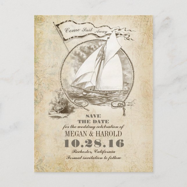 Nautische Vintage Yacht-Save the Date Postkarten (Vorderseite)