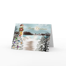 Nautische Weihnachtskarte mit Leuchtturm