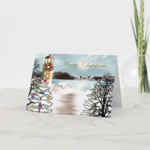 Nautische Weihnachtskarte mit Leuchtturm Feiertagskarte