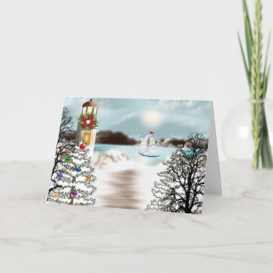 Nautische Weihnachtskarte mit Leuchtturm Feiertagskarte