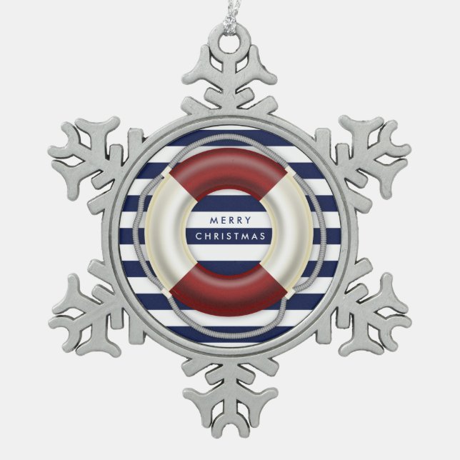 Nautische Weihnachtsschmuck Personalisiert Pewter Schneeflocken Zinn-Ornament (Vorderseite)