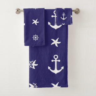 Nautische weiße Meereselemente auf Navy Blue Badhandtuch Set