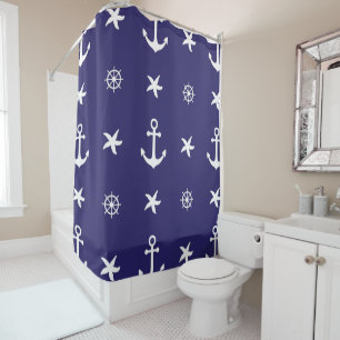 Nautische weiße Meereselemente auf Navy Blue Duschvorhang