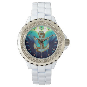 NAUTISCHE WELLEN, ANCHOR UND ROPE Navy Blue Armbanduhr