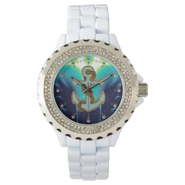 NAUTISCHE WELLEN, ANCHOR UND ROPE Navy Blue Armbanduhr (Vorderseite)