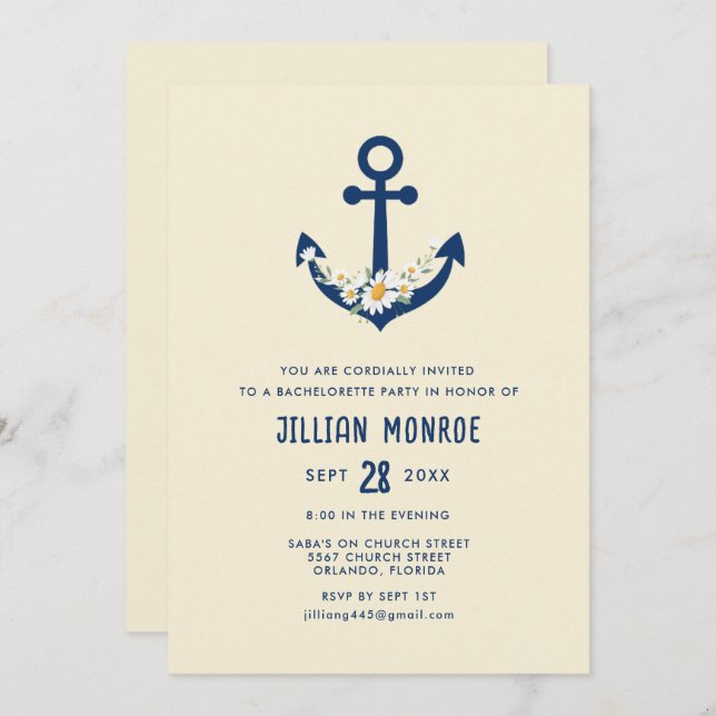 Nautische Wildblume Anker Junggeselinnen-Abschied Einladung (Vorne/Hinten)