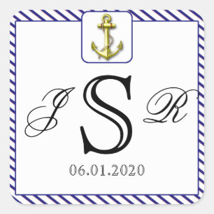 Nautischer Anker auf Blue Stripe Wedding Monogram Quadratischer Aufkleber