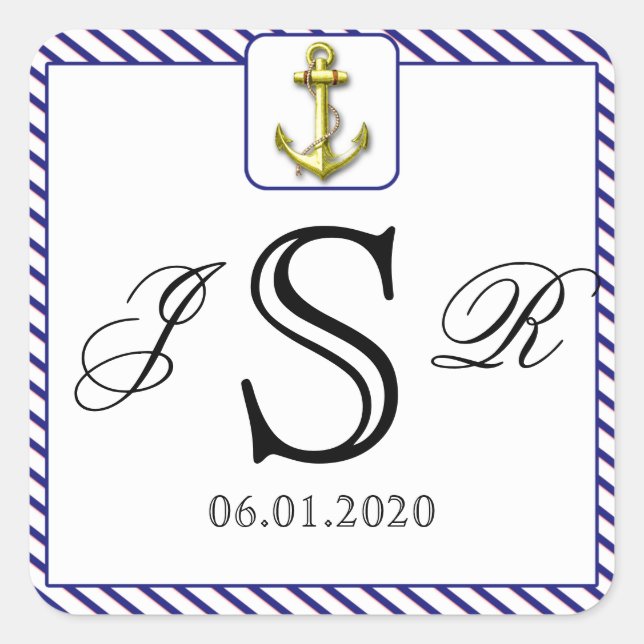 Nautischer Anker auf Blue Stripe Wedding Monogram Quadratischer Aufkleber (Vorderseite)