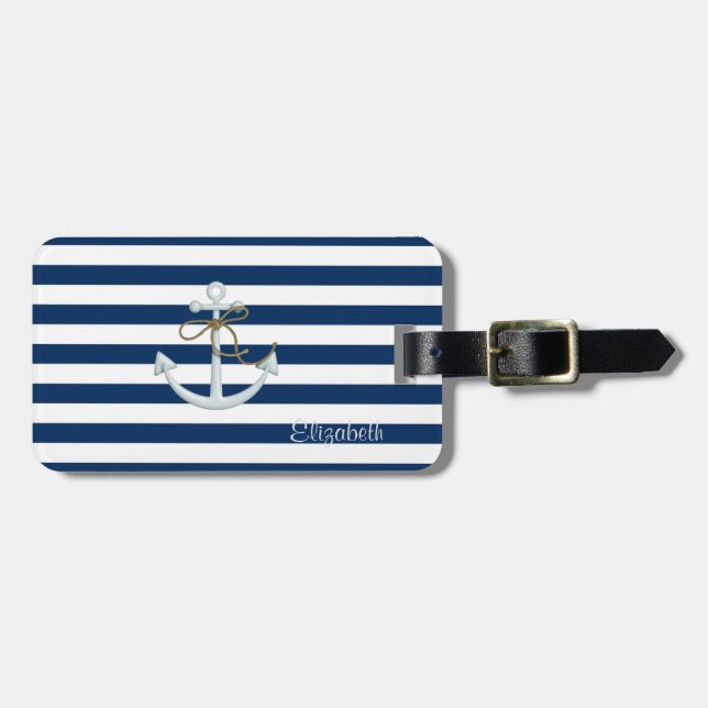 Nautischer Anker auf Navy Blue Stripes Personalisi Gepäckanhänger (Vorderseite horizontal)